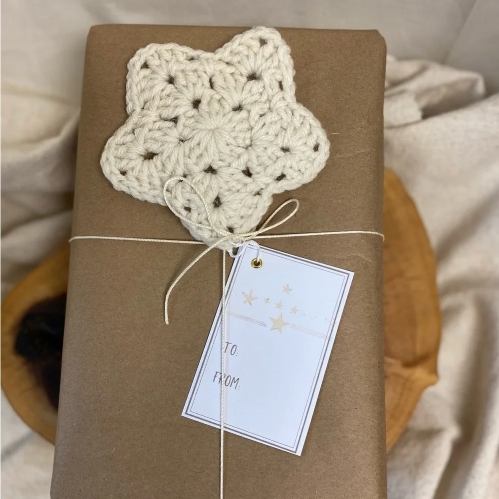 gift tag set of three neutral off white cream crocheted star with tags